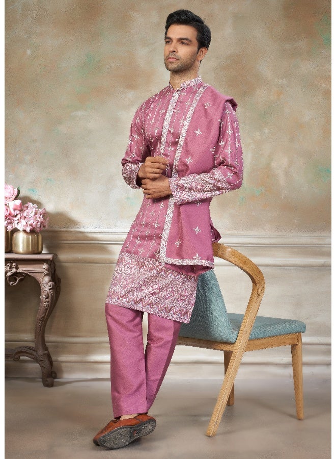 OUTLUK Pink Embroidered Kurta and Pajama Set for Men - Image 3